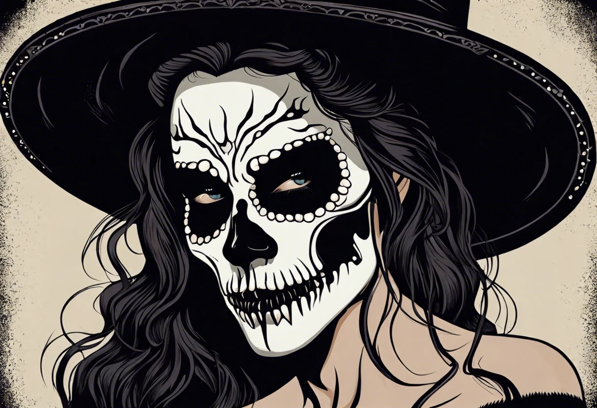 Illustration of a woman with intricate corpse paint, showcasing a skull design, perfect for corpse paint tutorial.