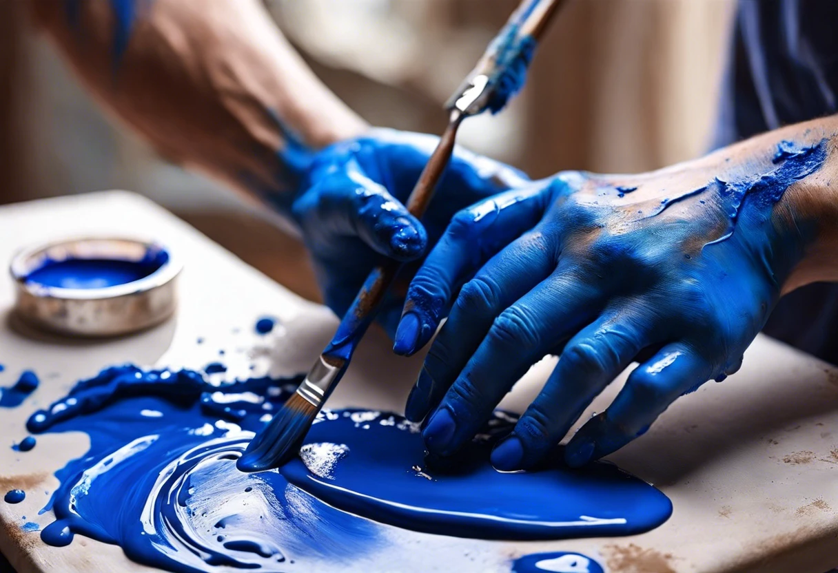 Hands mixing blue paint with a brush, illustrating the process of making blue paint.