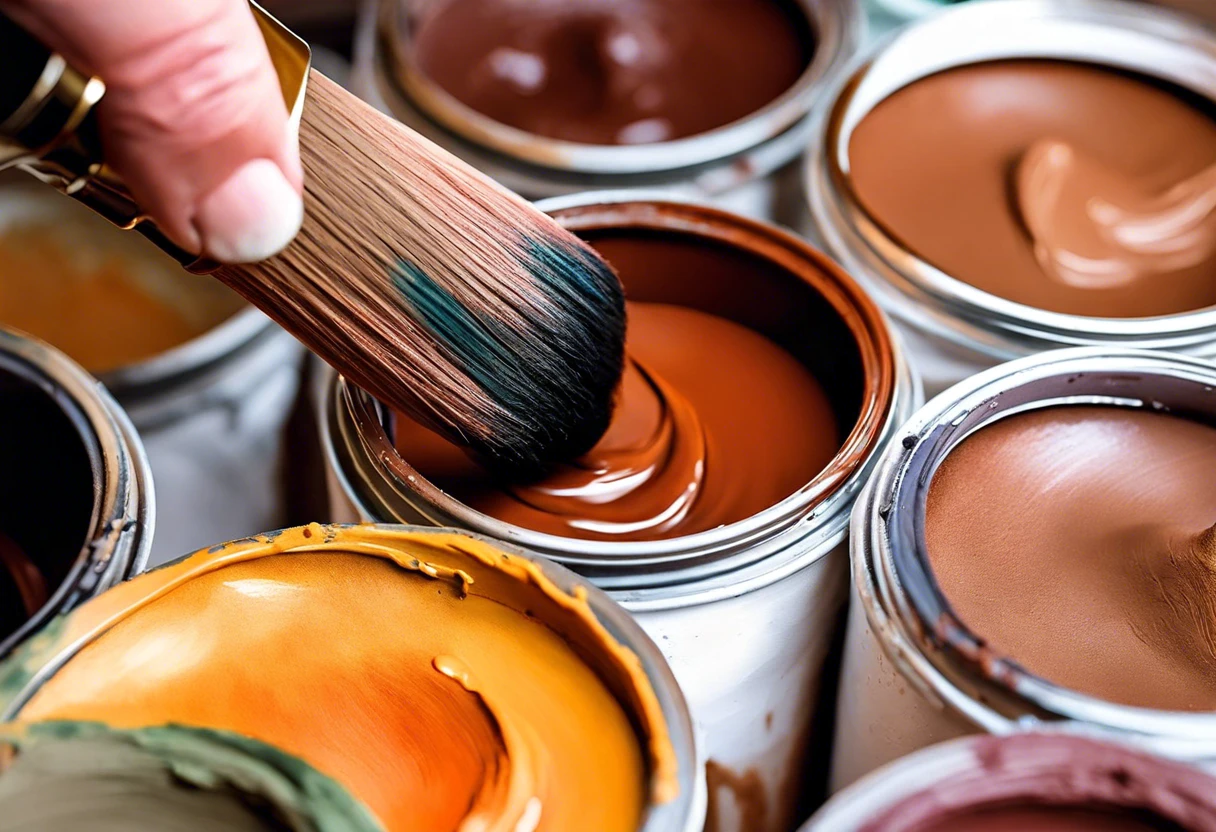 Person dipping a brush in a can of brown paint for the tutorial on how to make brown paint.