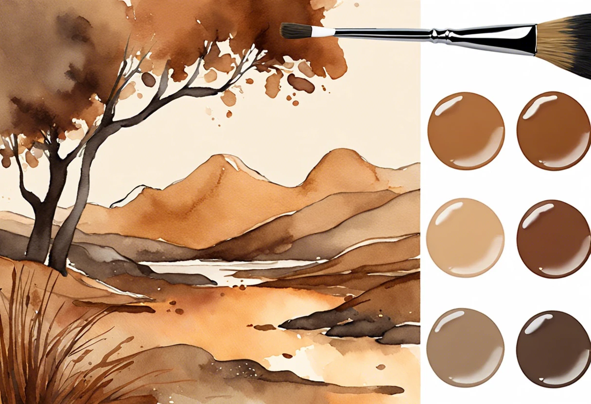 A watercolor landscape featuring shades of brown paint with a brush and color swatches.