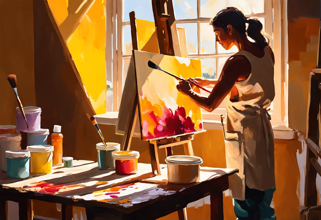 Artist demonstrating the process of making cream paint with vibrant colors and materials.