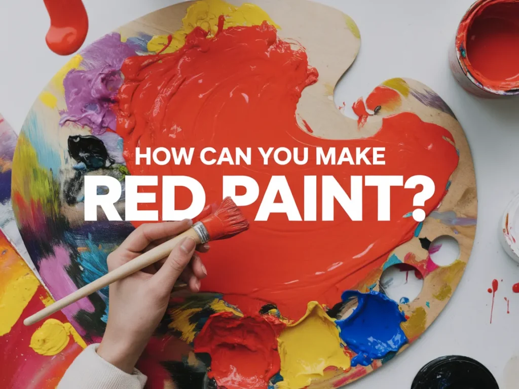 A painter's palette with vibrant red paint and a brush, illustrating the process of making red paint.