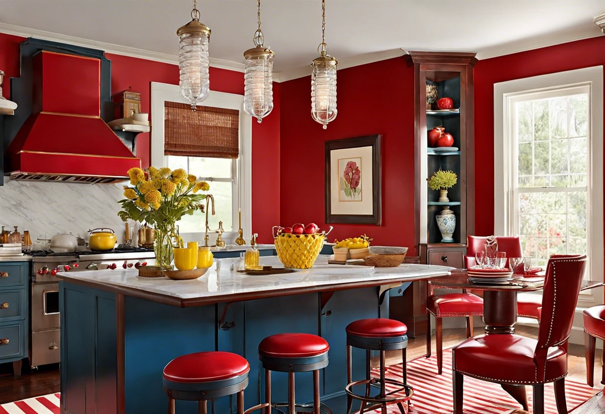 A vibrant kitchen featuring red walls and decor, illustrating the use of red colors in design.