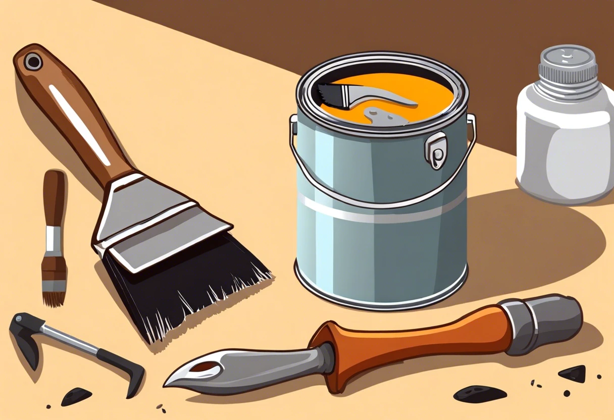 Tools for opening a stuck paint can including a brush, opener, and paint can.