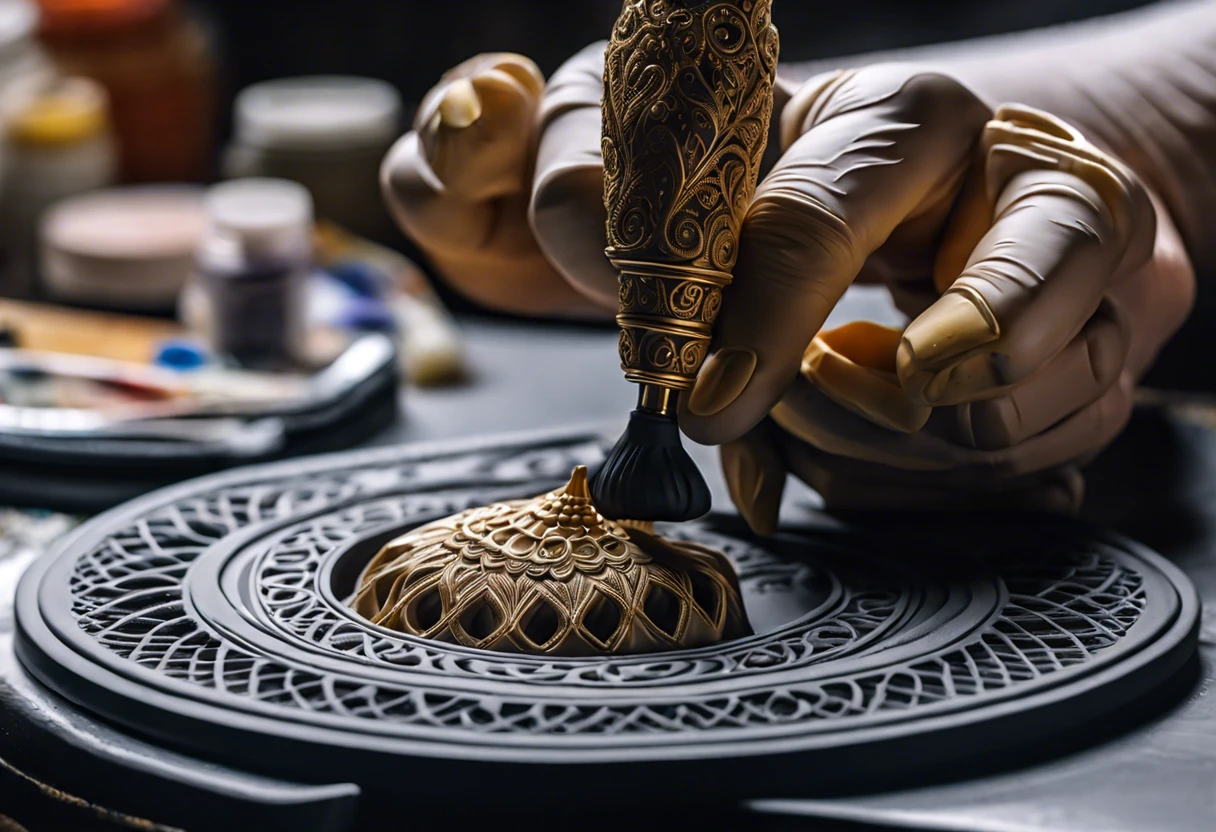 A close-up of hands painting intricate details on a 3D printed model using a fine brush, demonstrating techniques for painting 3D printed models.