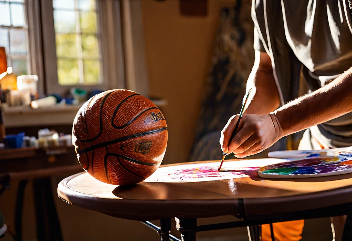 Person painting a basketball with vibrant colors on a table