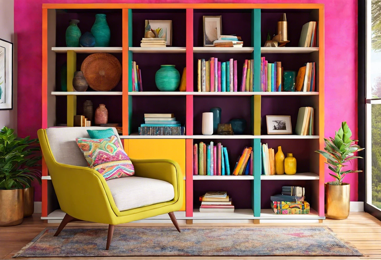 Colorfully painted bookcase with vibrant decor and books, showcasing techniques for how to paint a bookcase.