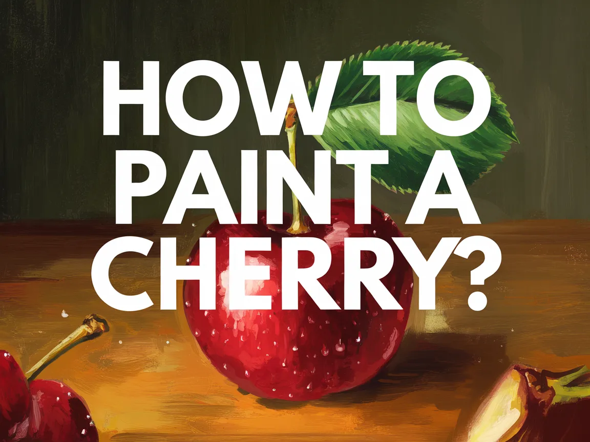 A painted cherry on a wooden table with a leaf, illustrating techniques for how to paint a cherry.