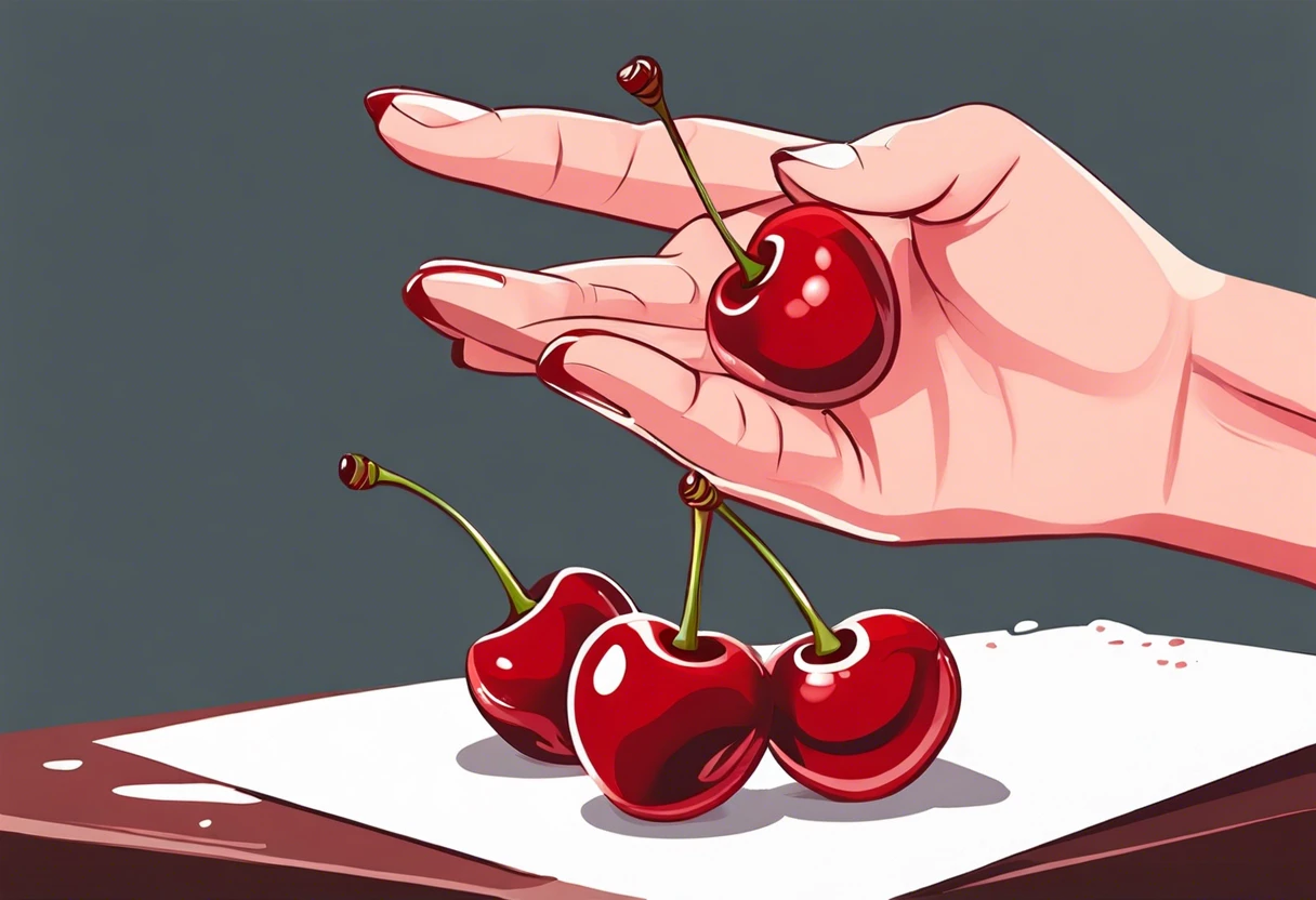 Hand holding cherries while painting cherries on paper