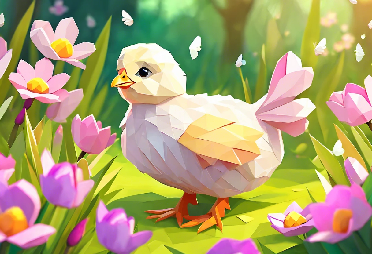 A colorful painted chick surrounded by flowers, perfect for learning how to paint a chick.