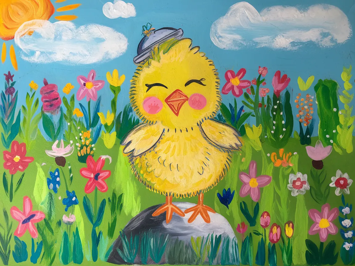 Colorful painting of a cute chick standing on a rock among vibrant flowers in a sunny garden.