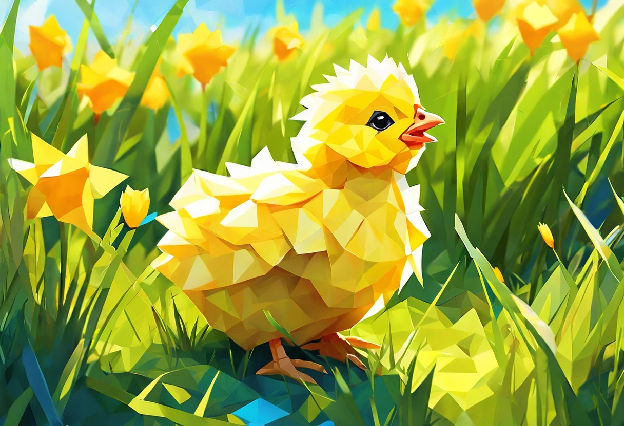 A colorful, stylized illustration of a chick in a grassy field for painting inspiration.