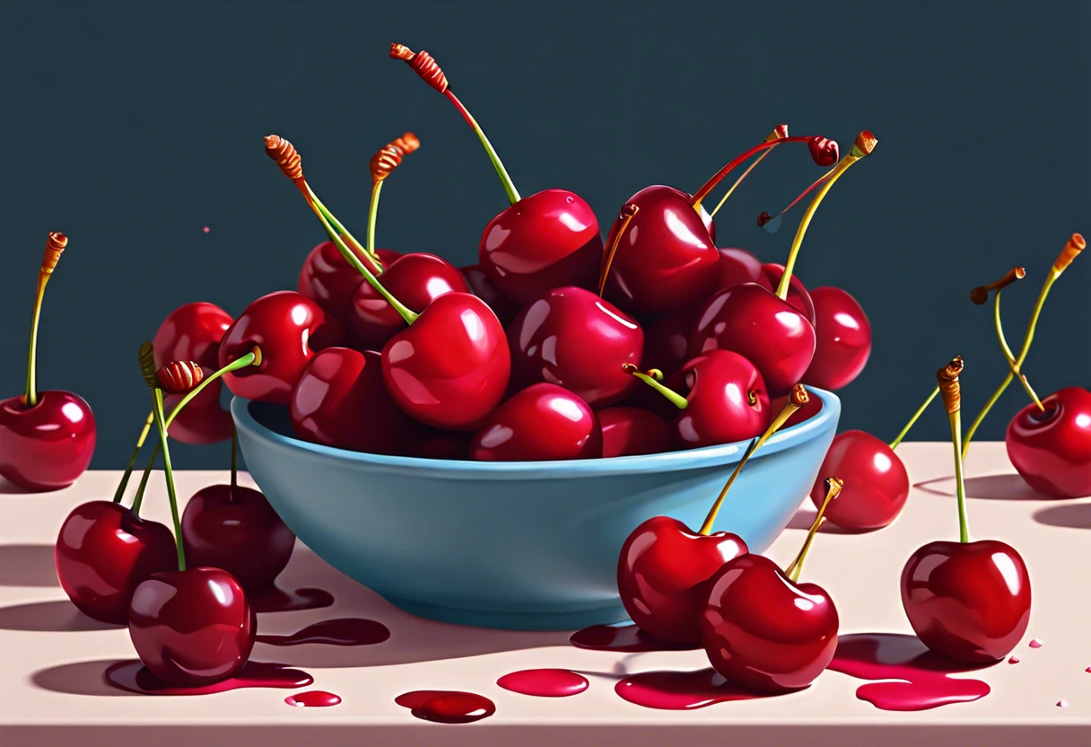 Realistic painting of a bowl filled with vibrant red cherries, perfect reference for how to paint a cherry.