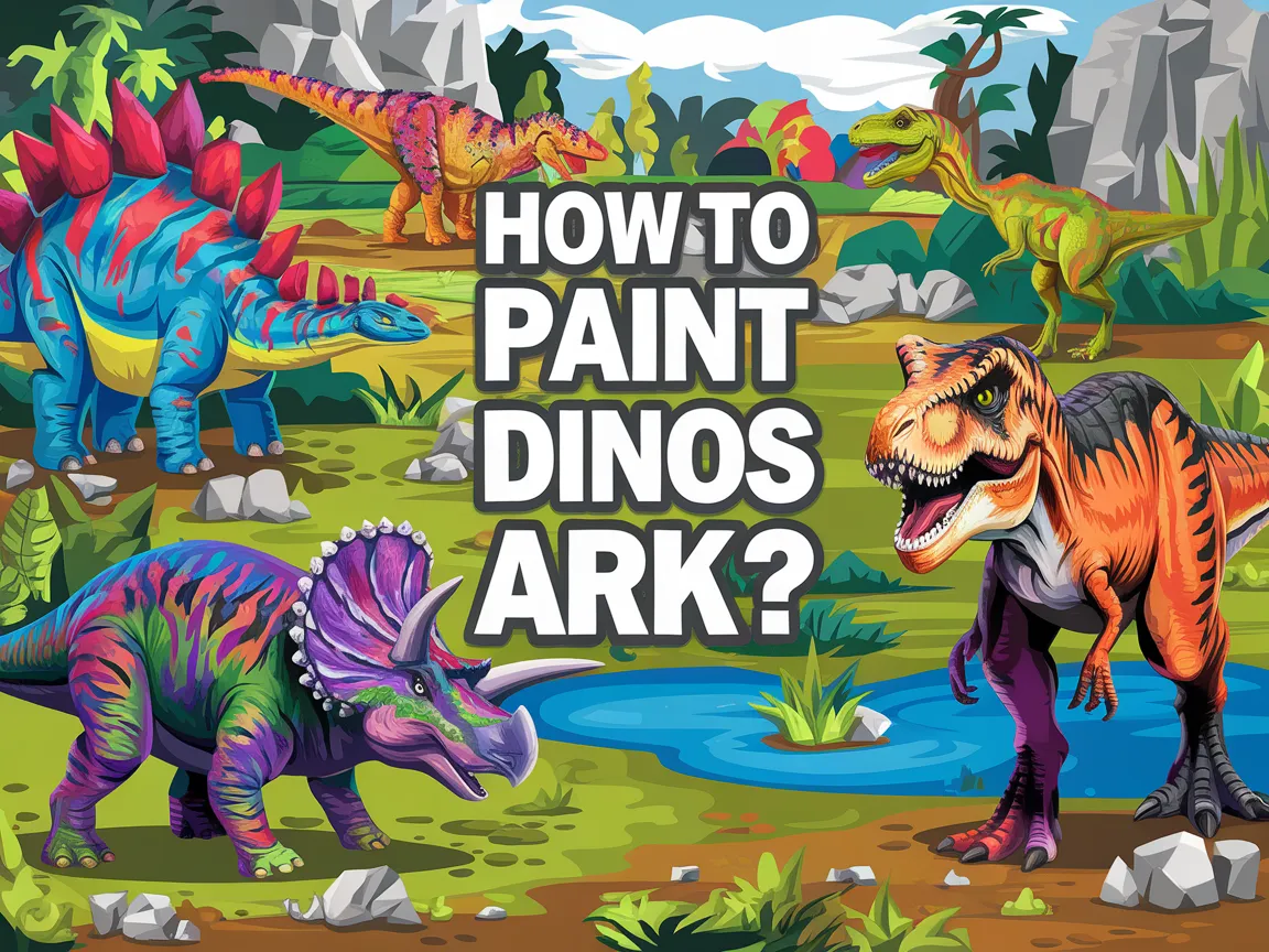 Colorful dinosaurs in a landscape, demonstrating how to paint dinos in Ark.