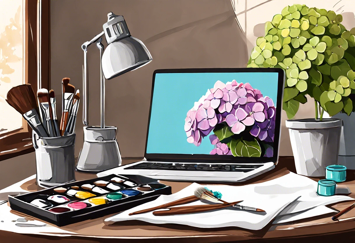 A workspace featuring tools and materials for painting a hydrangea in acrylic, including brushes, paint palette, and laptop with hydrangea reference image.