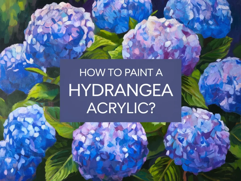 A vibrant acrylic painting of hydrangeas, showcasing blue and purple blooms, ideal for learning how to paint hydrangeas.