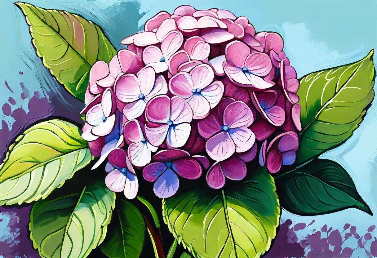 Beautifully painted hydrangea flowers in acrylic showing vibrant colors and detailed leaves.