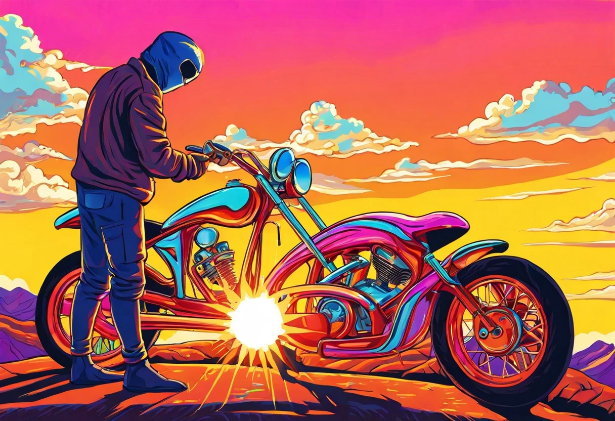 A person preparing to paint a motorbike frame against a colorful sunset background, showcasing the painting process.