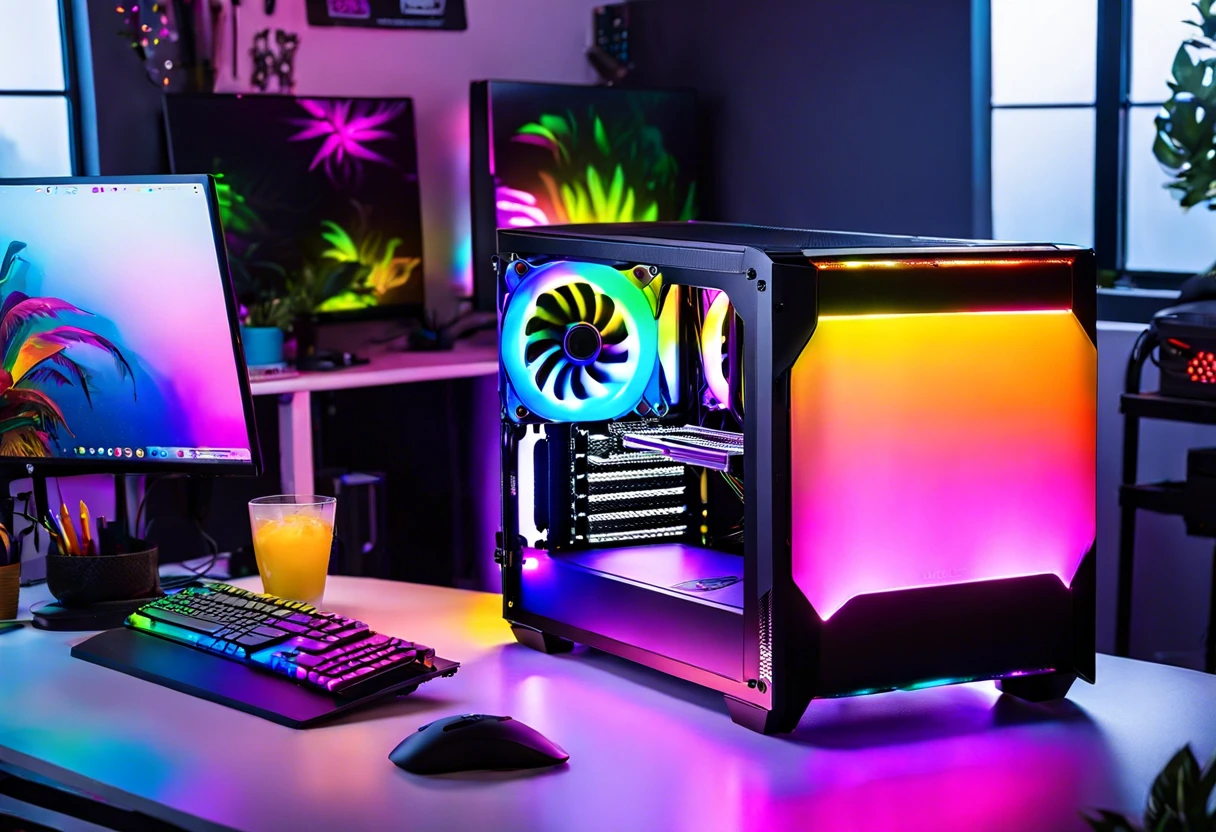 Vibrantly painted PC case with RGB lighting and colorful components, showcasing a custom paint job.