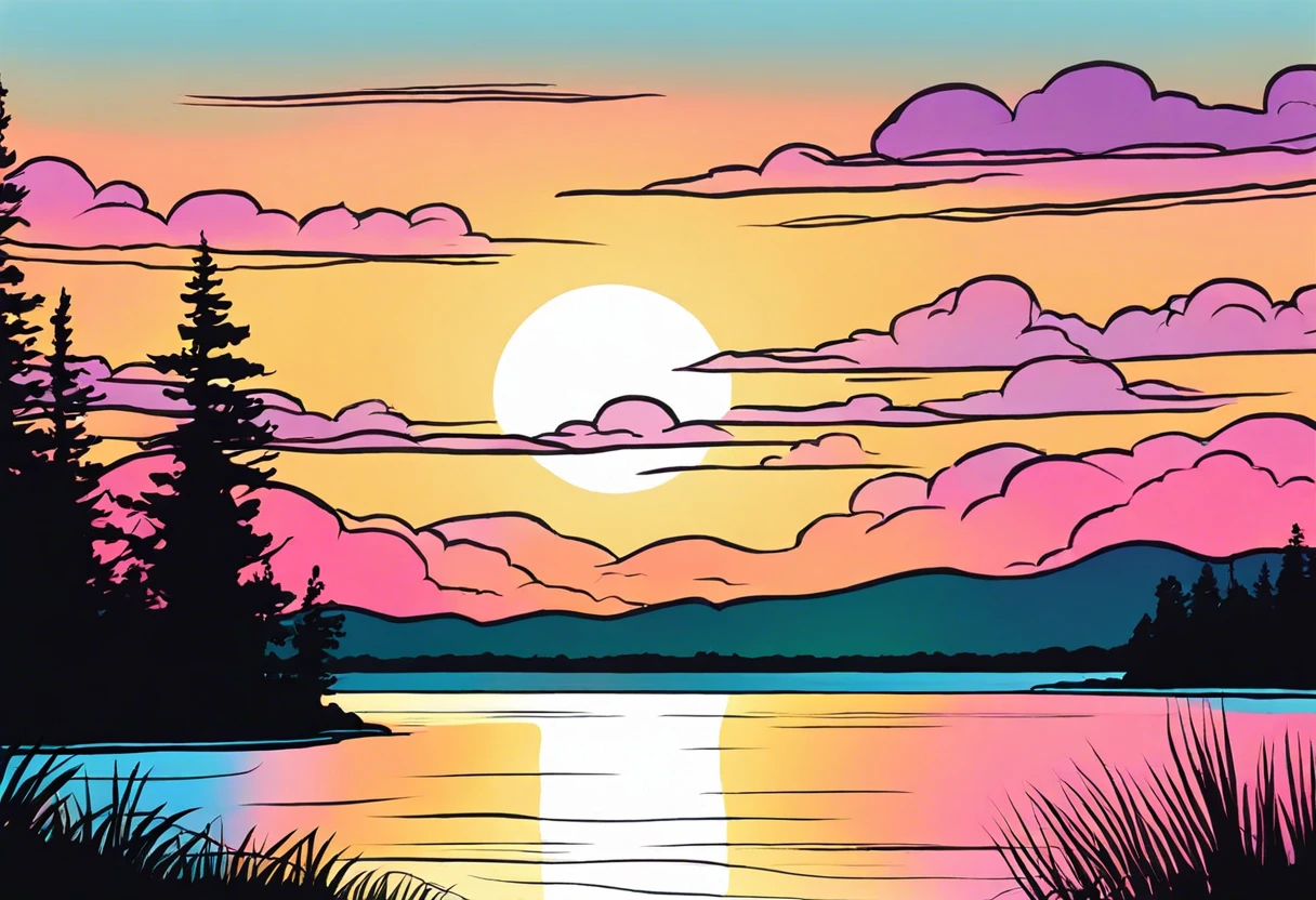 Vibrant illustration of a sunrise over a lake with colorful clouds and silhouetted trees, demonstrating painting techniques for sunrise scenes.