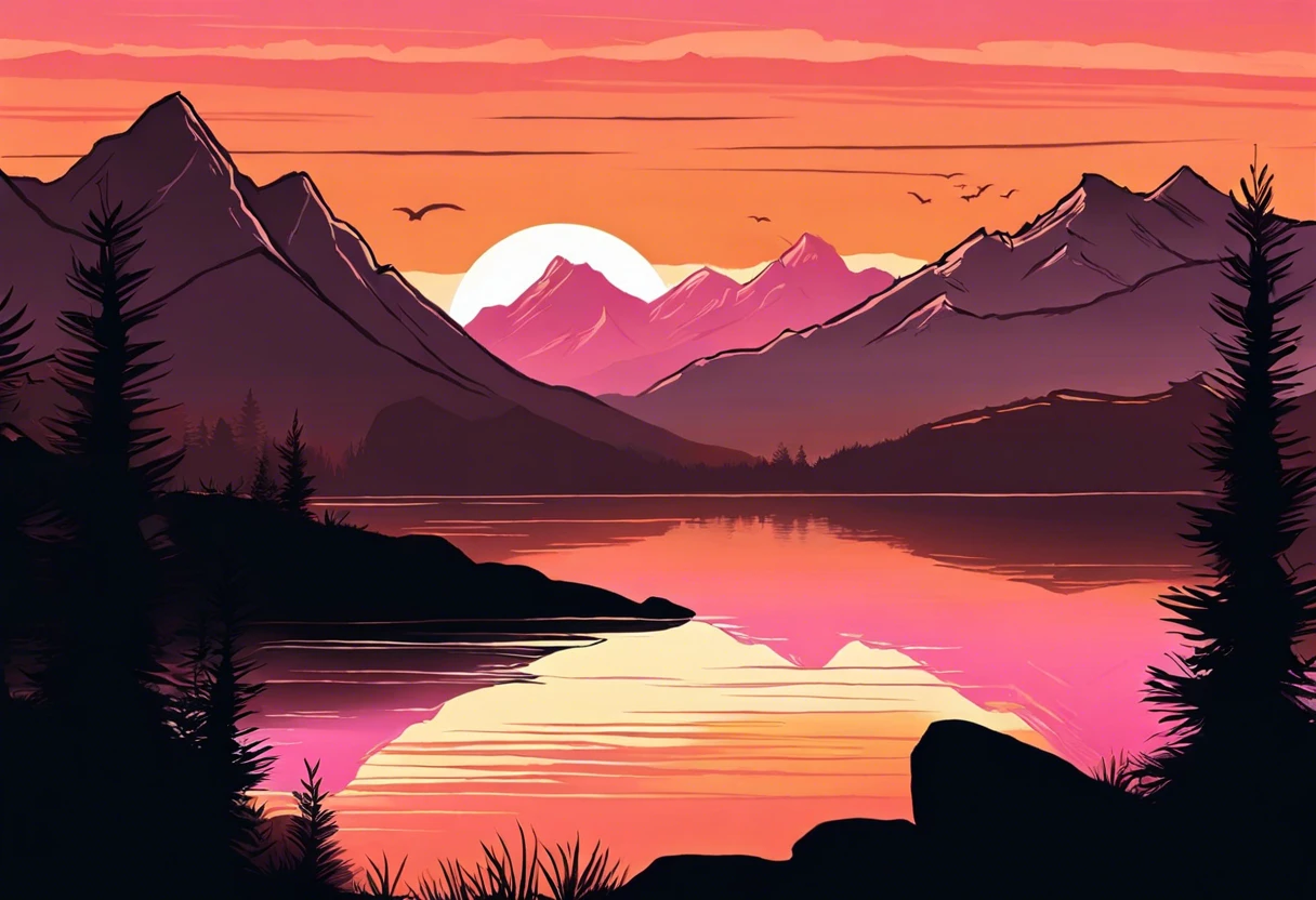 A beautifully painted sunrise over mountains and a reflective lake, demonstrating techniques for painting a sunrise in landscape art.