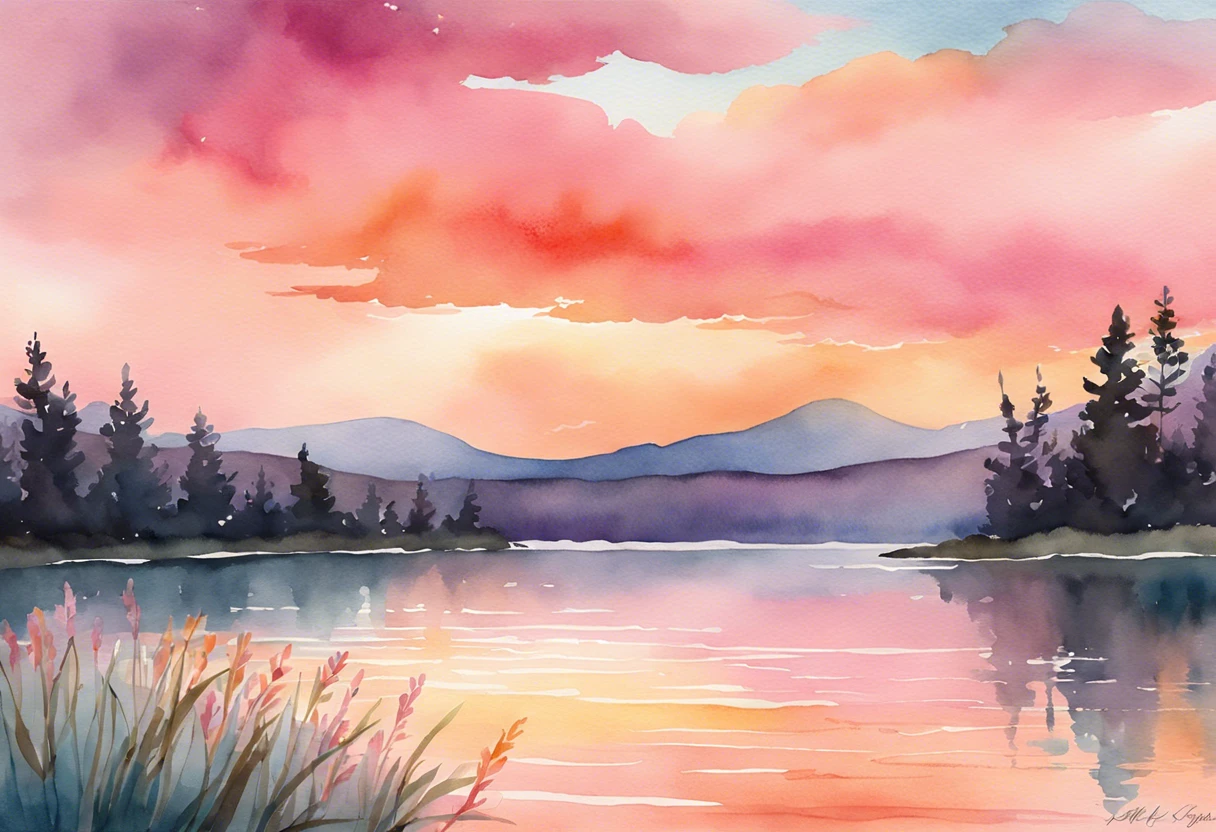 A beautiful watercolor painting of a sunrise over a lake with pink and orange hues in the sky.