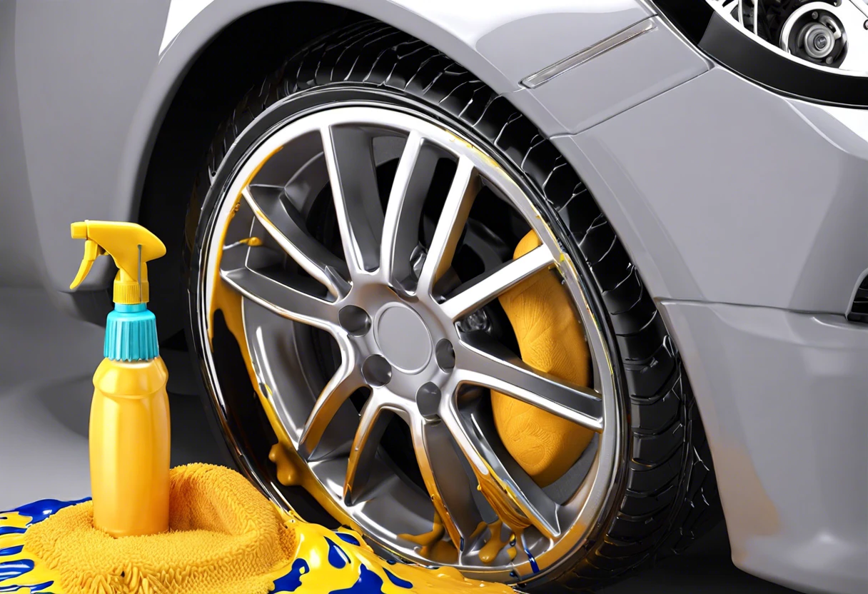 A clean tire with paint removal spray and sponge, illustrating the process of how to get paint off a tire.