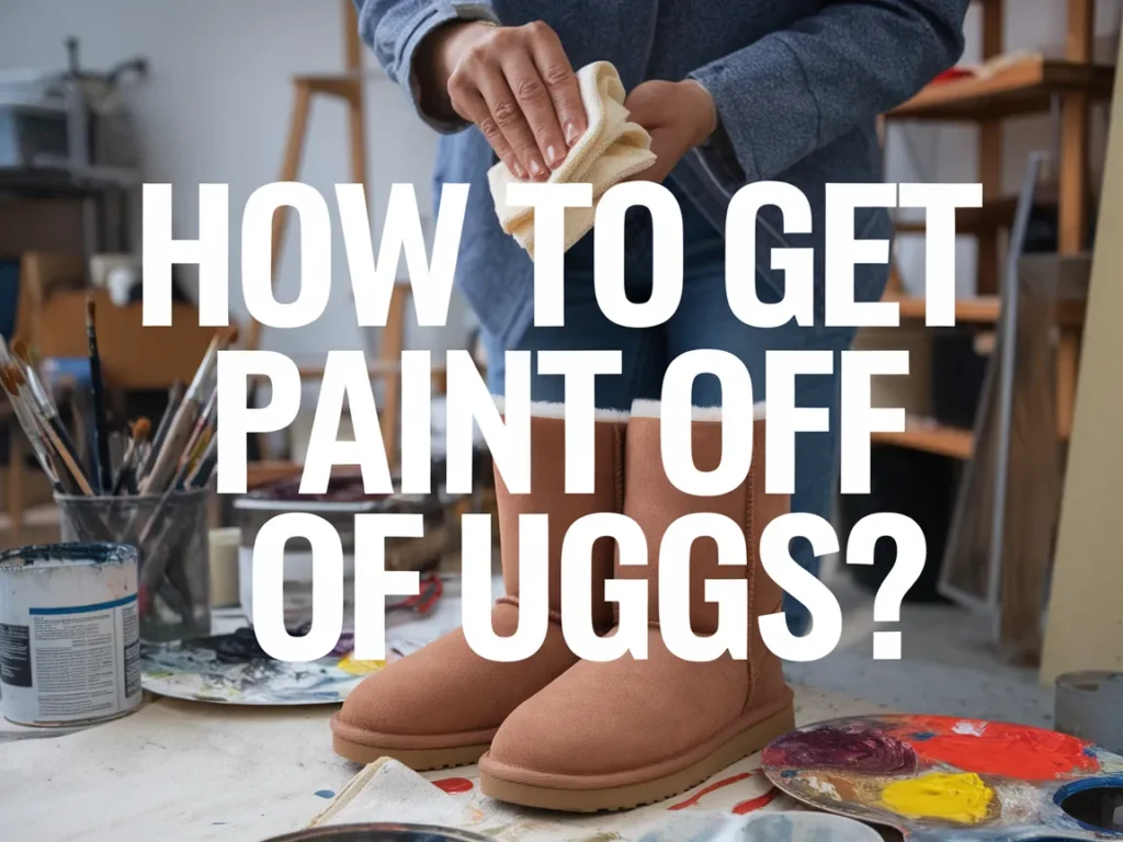 Person cleaning paint off UGG boots in a workshop setting.