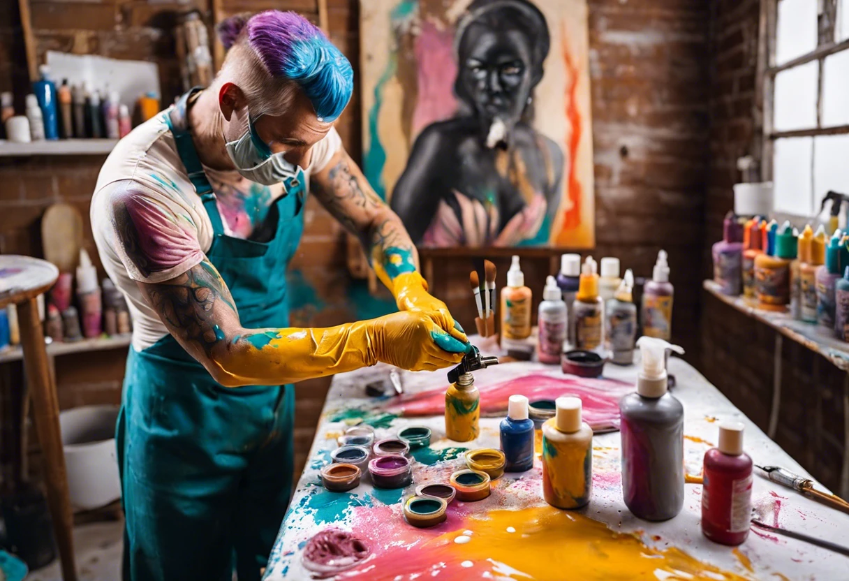 Artist applying sealant to colorful body paint in a studio setting.