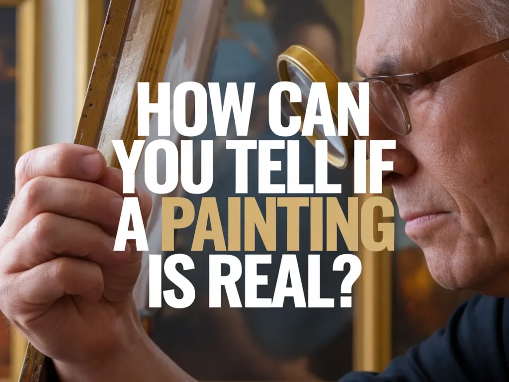 Man examining a painting closely to determine its authenticity