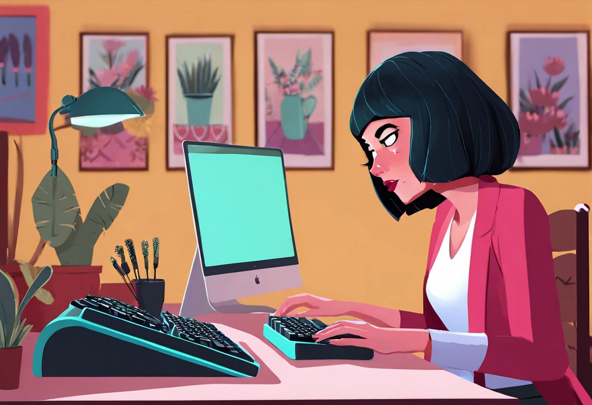 Illustration of a person using a computer to customize keyboard shortcuts in Ibis Paint lasso tool.