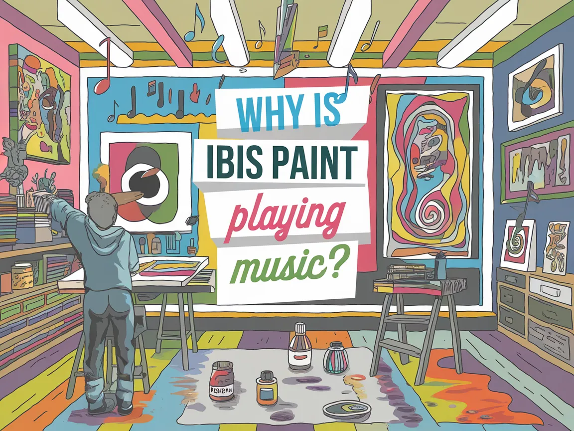 Illustration depicting the question 'Why is Ibis Paint playing music?' in a vibrant art studio setting.