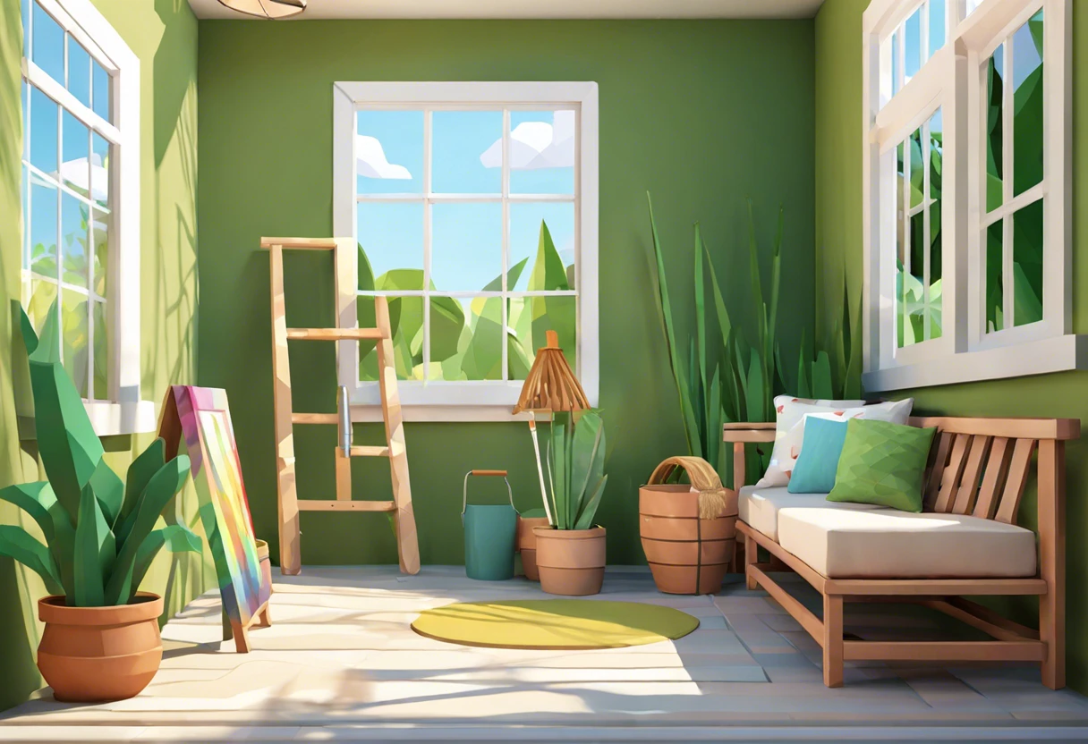 A cozy indoor space with green walls and natural light, illustrating the difference between indoor and outdoor paint application.