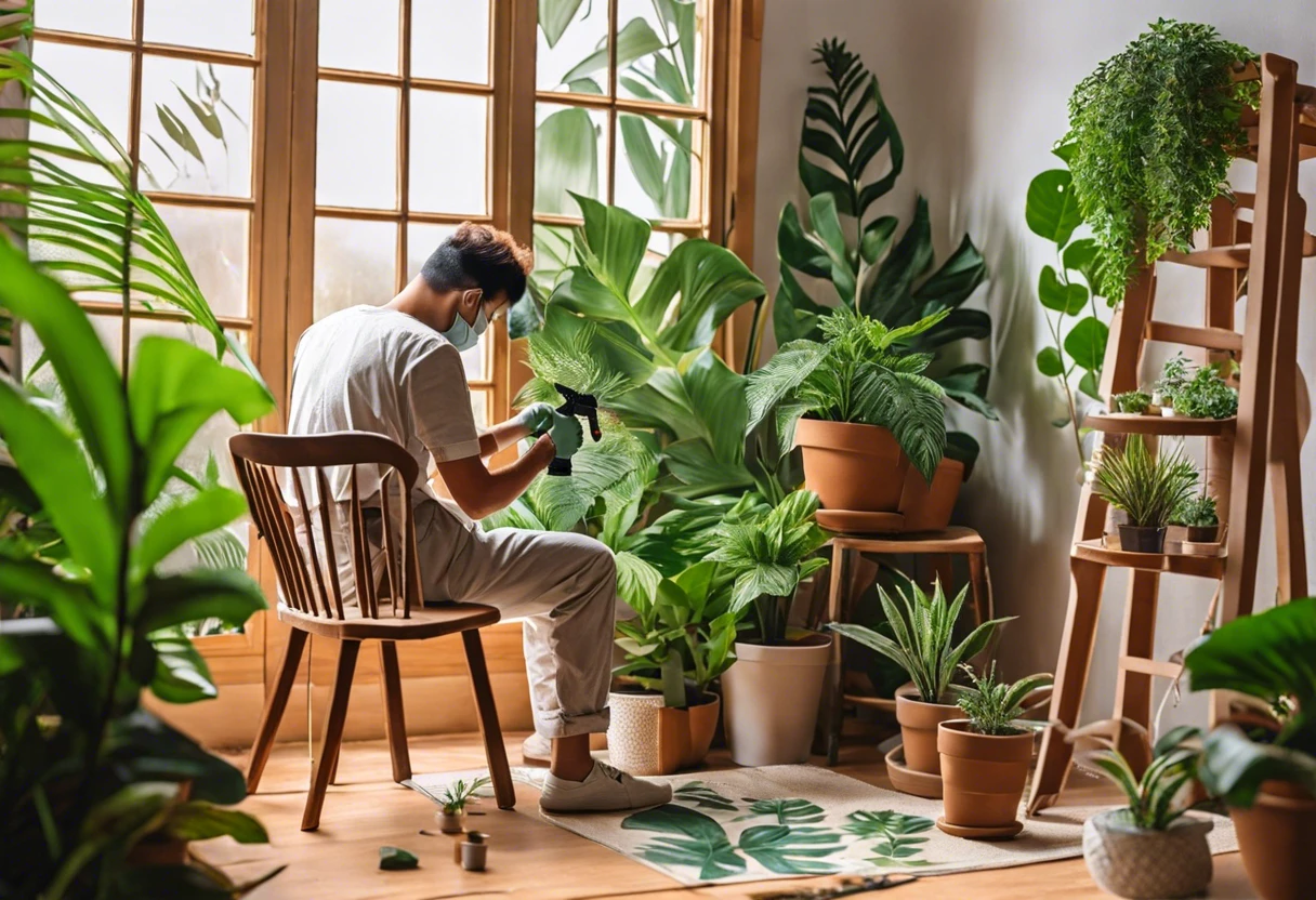 Person spray painting plants indoors surrounded by greenery.