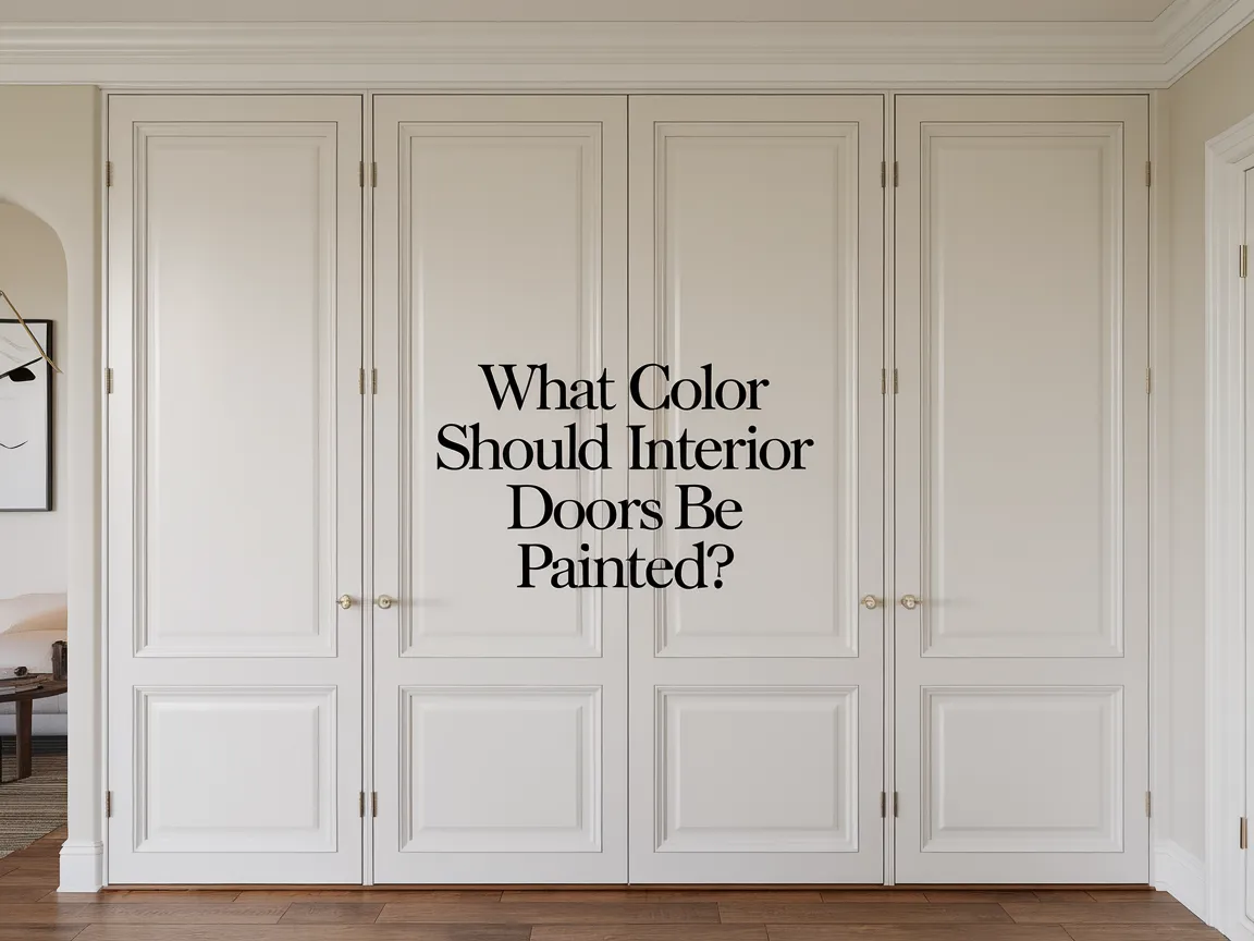 White interior doors displaying a question about what color should interior doors be painted, emphasizing design choices.