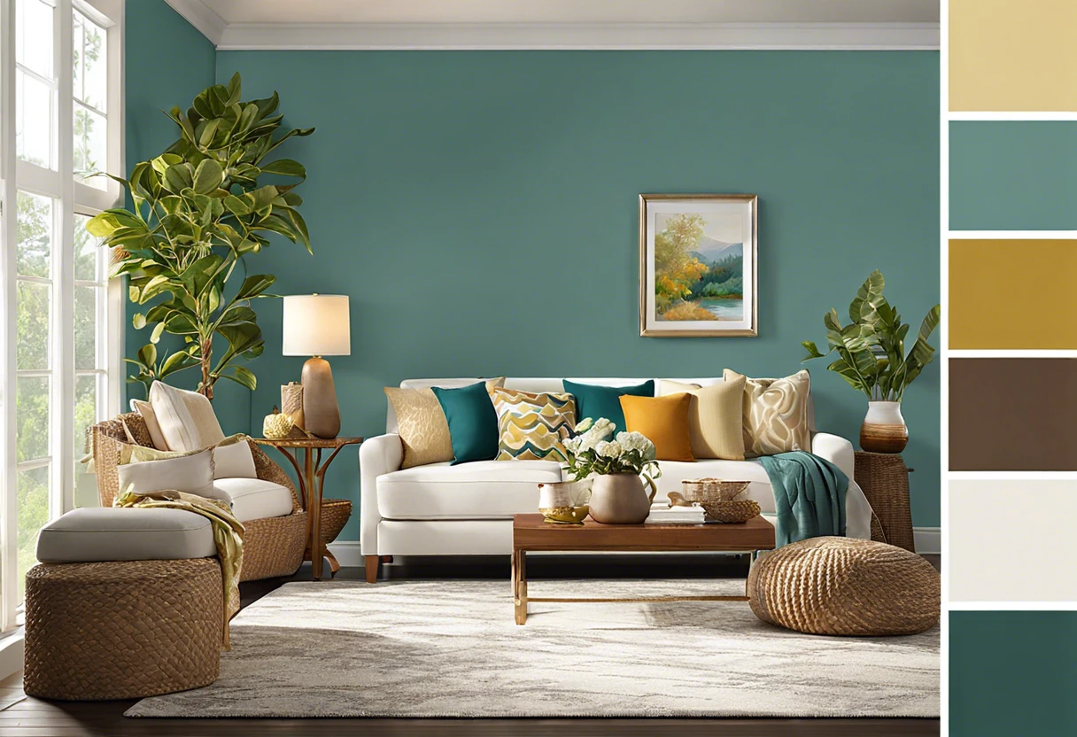 Living room with mixed interior paint colors showing compatibility with potential exterior paint choices.