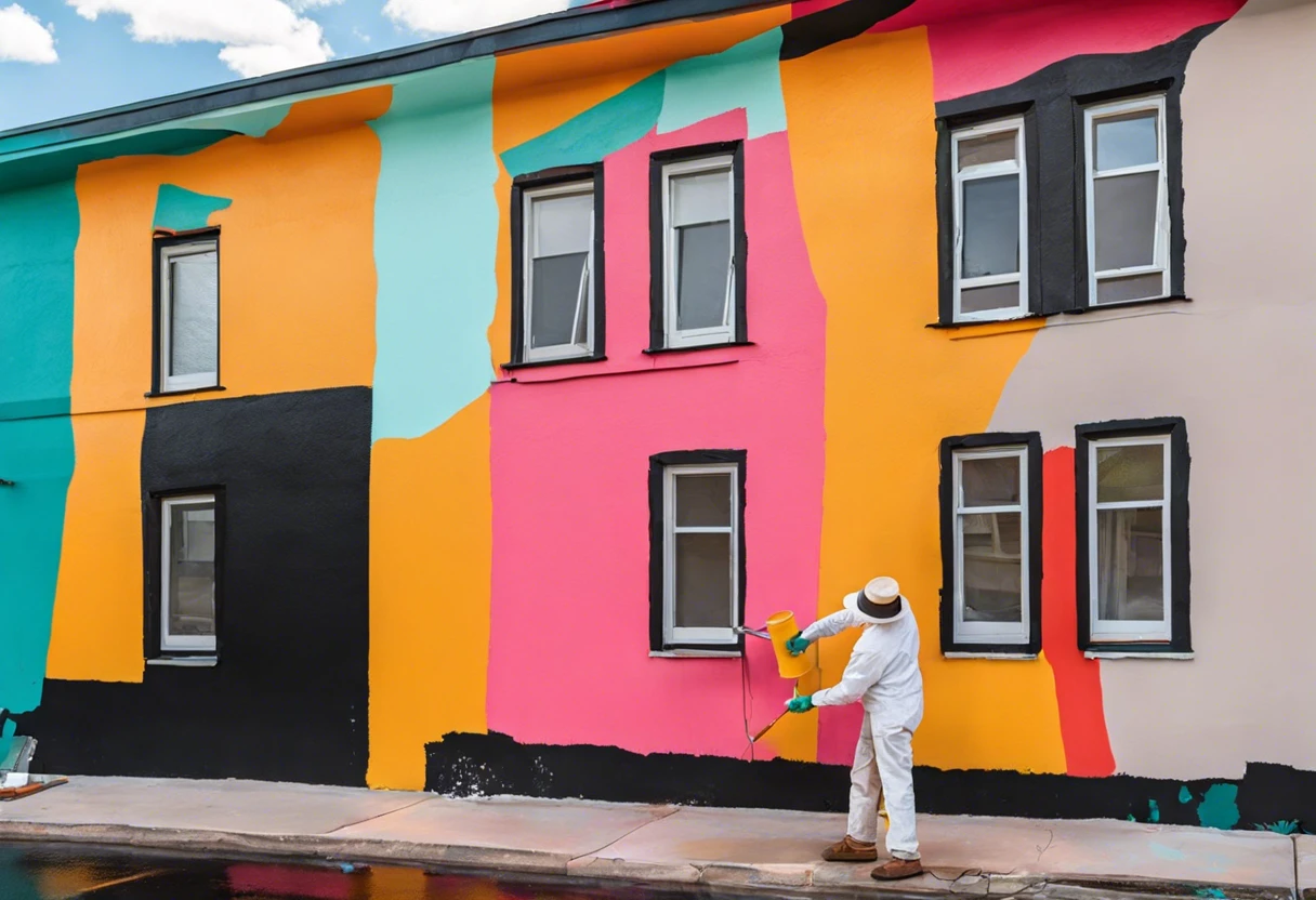 Person painting an exterior wall with vibrant colors, highlighting the discussion on using interior paint outdoors.