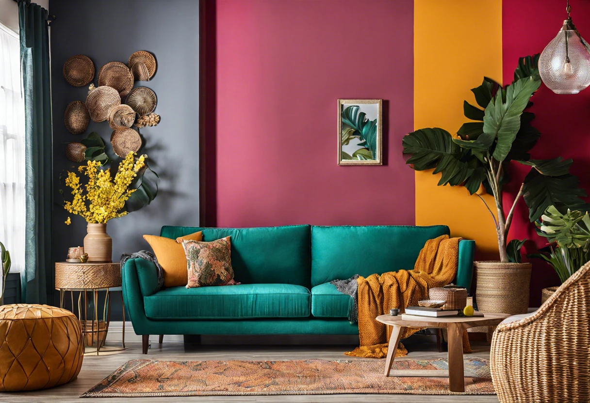 Vibrant living room showcasing colorful interior paint, highlighting the contrast of wall colors.