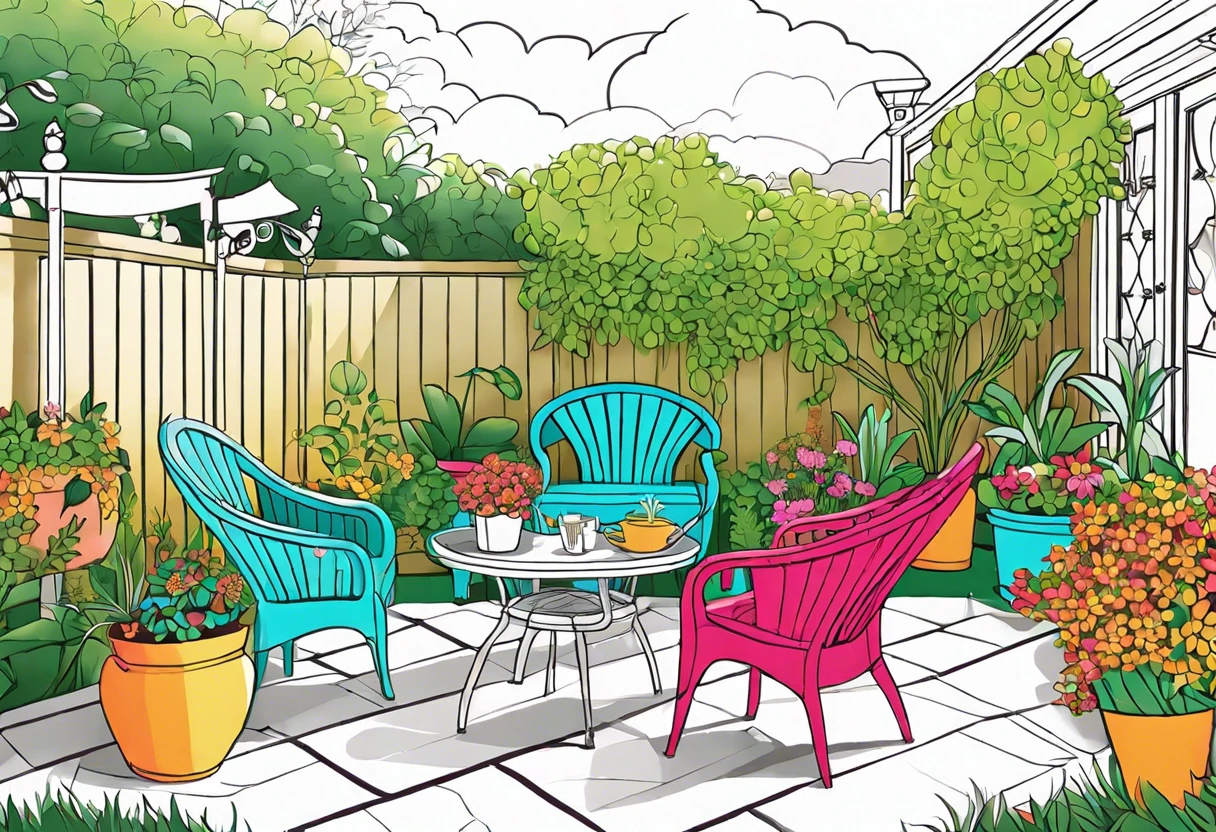 Colorful chairs and plants in a garden, showcasing the impact of using interior paint outdoors.