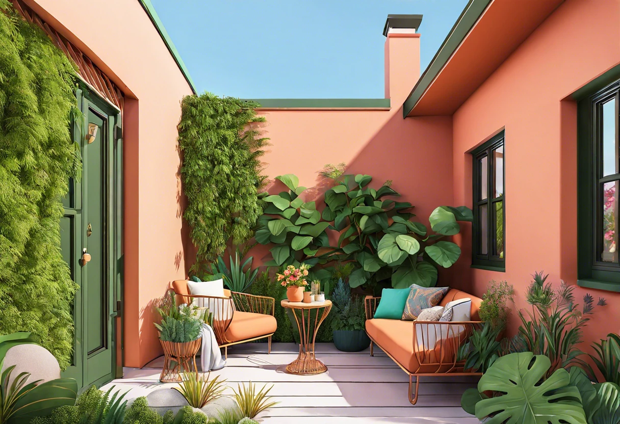 Vibrant outdoor patio with lush greenery, featuring colors that exemplify the use of interior paint in an outdoor setting.