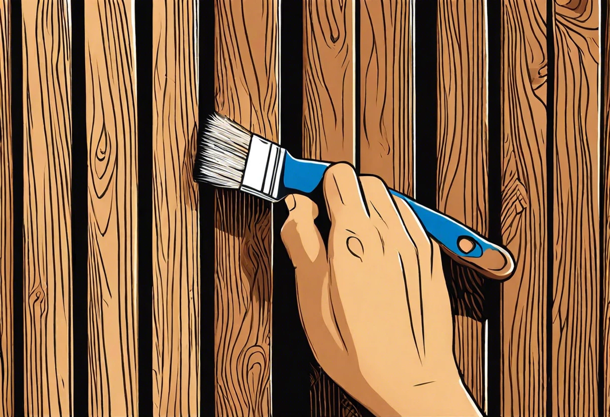 A hand applying interior paint on wooden planks illustrating the question of using interior paint outside.