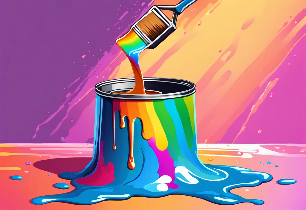 Vibrant illustration of iridescent paint pouring from a can with a brush.