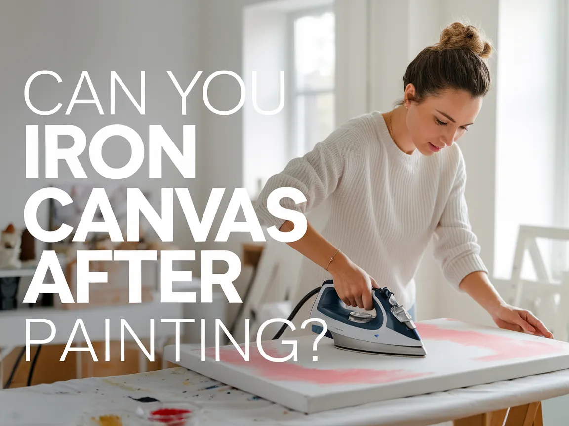 A woman ironing a painted canvas to remove wrinkles, related to the topic of whether you can iron canvas after painting.