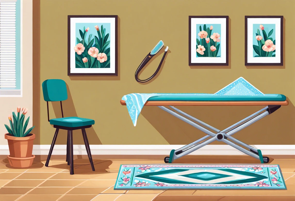 A well-organized ironing station with floral paintings, suitable for discussing if you can iron a finished diamond painting.