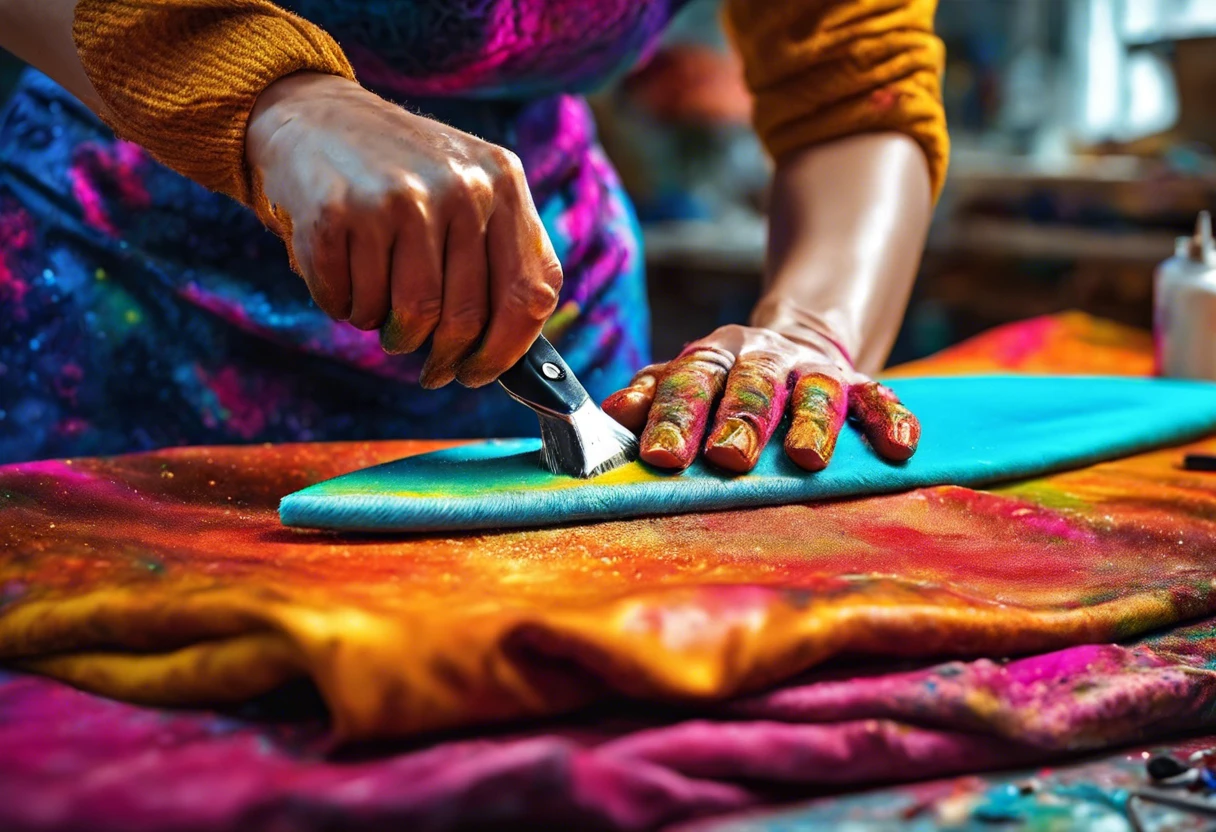 Person ironing a painted canvas, demonstrating techniques for working with art and fabric