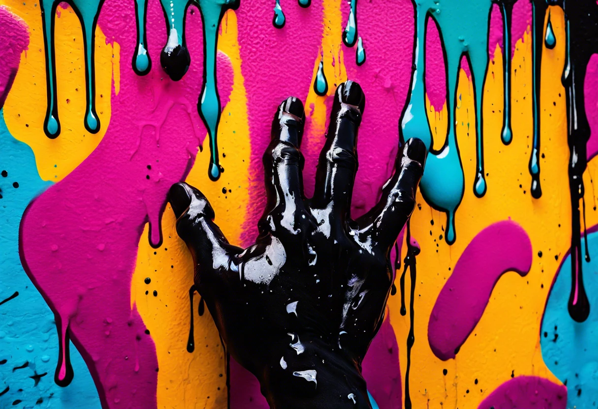 A hand covered in black Ironlak paint dripping on colorful graffiti wall illustrating excess paint drip.