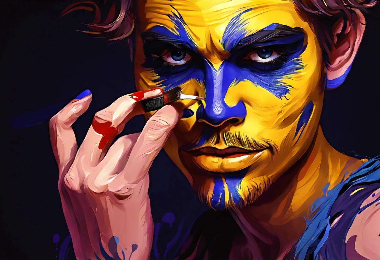 A close-up of Jack applying vibrant blue and yellow face paint, showcasing his transformation and artistic expression.