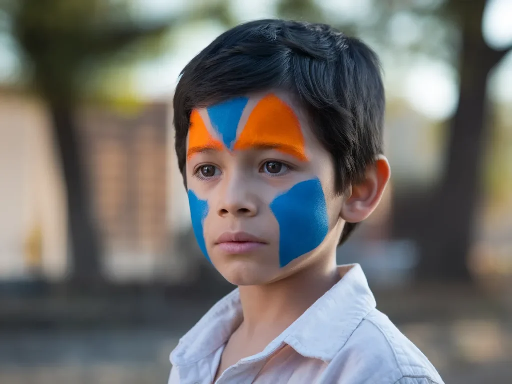 A young boy with colorful face paint in blue and orange, illustrating the theme of why did Jack paint his face.