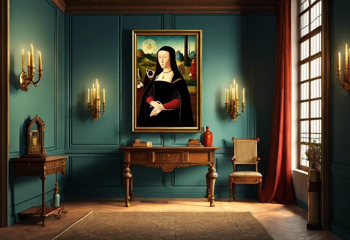 Interior of a room showcasing a Jan Van Eyck painting on the wall, highlighting the artist's work.