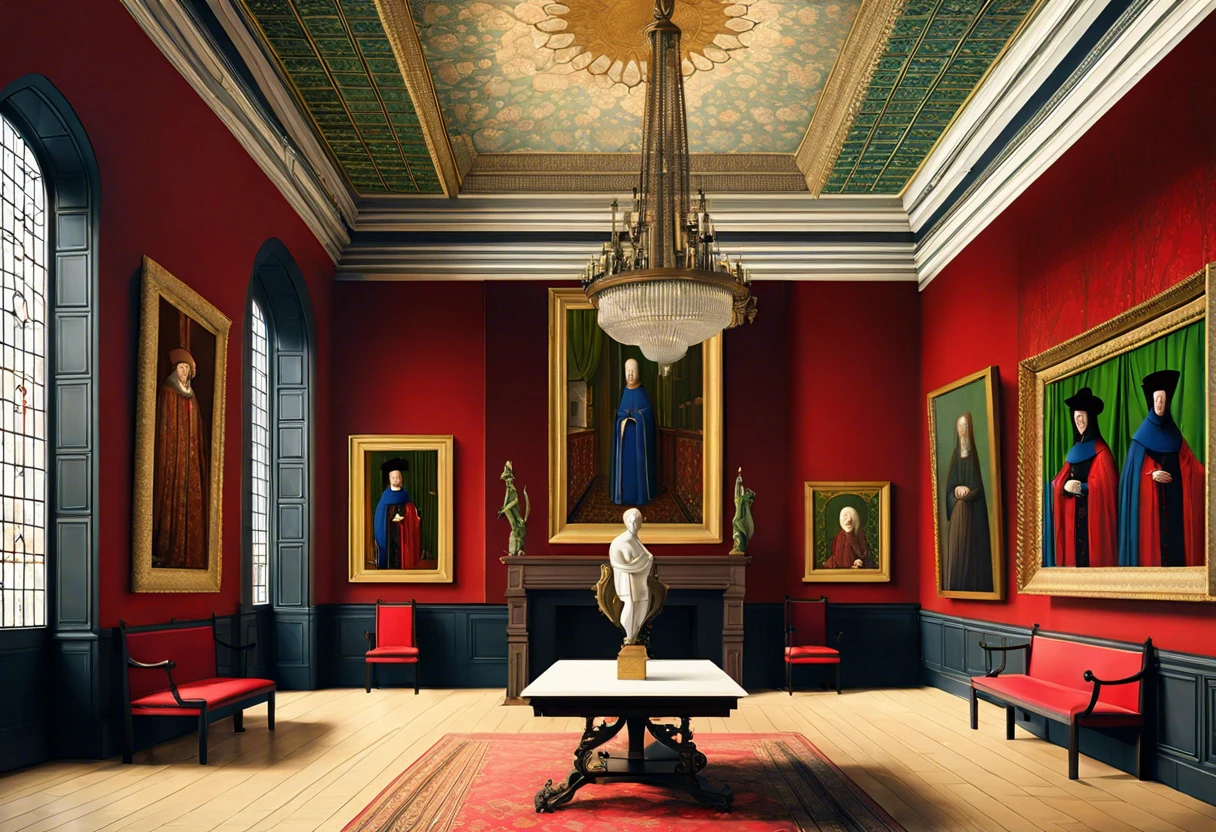 Interior view of an art gallery displaying Jan Van Eyck paintings, showcasing the rich colors and details of his work.